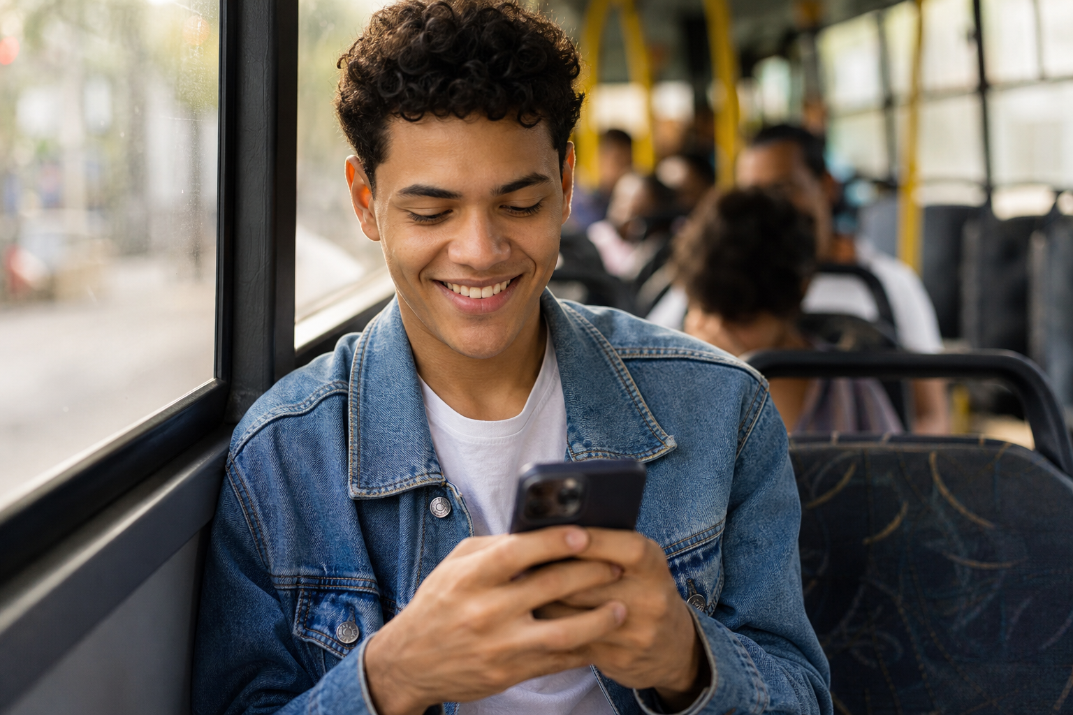 Jovem sorrindo no ônibus enquanto usa o celular